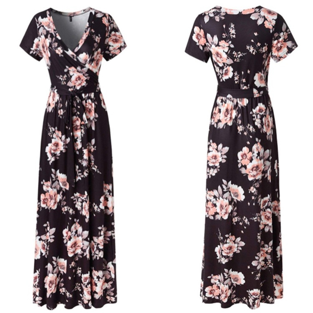 Floral V-Neck Short Sleeve Waist Tied Maxi Dress